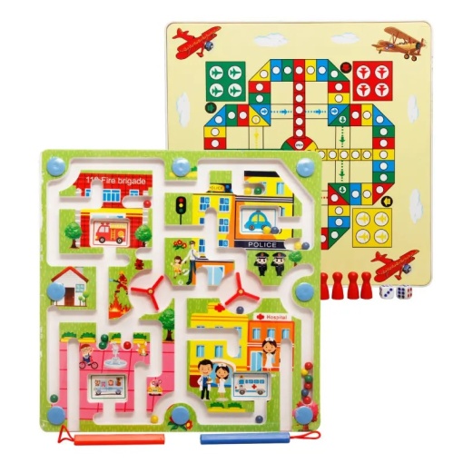 Joc cu labirint 2 in 1 pentru copii 3 ani+, din lemn, cu 2 jocuri diferite oras/avioane, 25x25x1.5 cm, multicolor