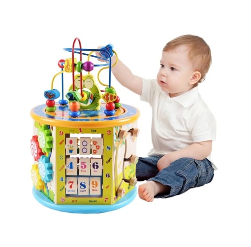 Jucarie educativa din lemn, tip hexagon, 8 in 1, centru de activitati, 36x20x25 cm, multicolor