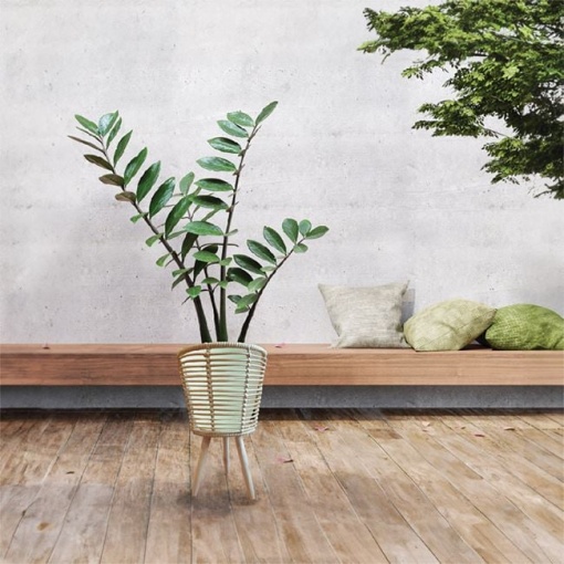 Masca ghiveci, din lemn cu model impletit si picioruse, diametru 25x46.5cm, bej