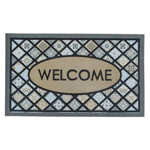Covoras pentru intrare din cauciuc cu suprafata textila, model tiles cu mesajul WELCOME, 75x45 cm, gri