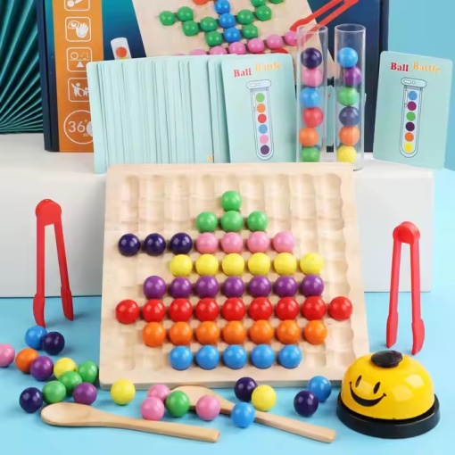 Joc mozaic cu bile, pentru dezvoltarea motricitatii, 3 in 1, pentru copii 3 ani+, din lemn, 29x21 cm, multicolor