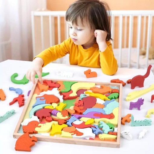 Puzzle 3D tip tetris, cu forme de animale, cu 76 de piese din lemn, pentru copii 3 ani+, 30x30x1.5 cm, multicolor