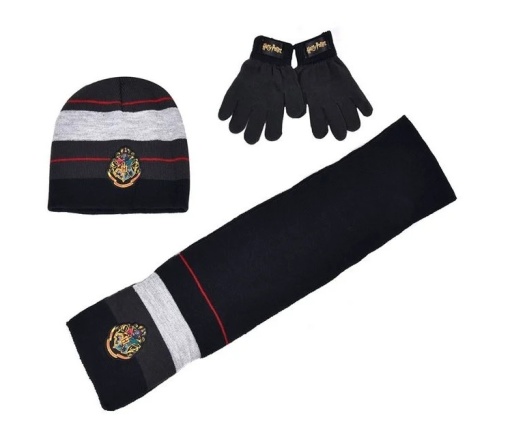 Set Caciula pentru Baieti, 3 bucati, model Harry Potter, acrilic, negru/gri