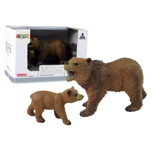 Set cu 2 figurine ursul Grizzly si puiul, din cauciuc, pentru copii 3 ani+, 16x11x9.5 cm, maro