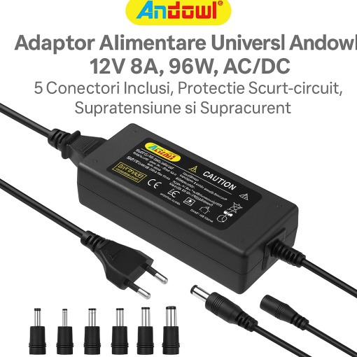 Adaptor Universal Andowl 12V 8A, 96W, 5 Mufe, AC/DC, Alimentator Laptop, LED, Router