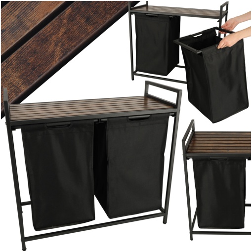 Cos mare de rufe cu doua compartimente cu raft si blat din lemn model LOFT culoare neagra