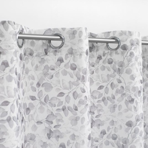 Draperie decorativa , grad de umbrire scazut -lasa multa lumina sa treaca, model cu frunze, cu inele, 140x260 cm, alb/gri