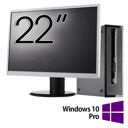 Pachet Calculator Refurbished HP 400 G1 SFF Intel Core i5-4570 3.20GHz 8GB DDR3 256GB SSD DVD-RW + Monitor 22 Inch + Windows 10 Pro