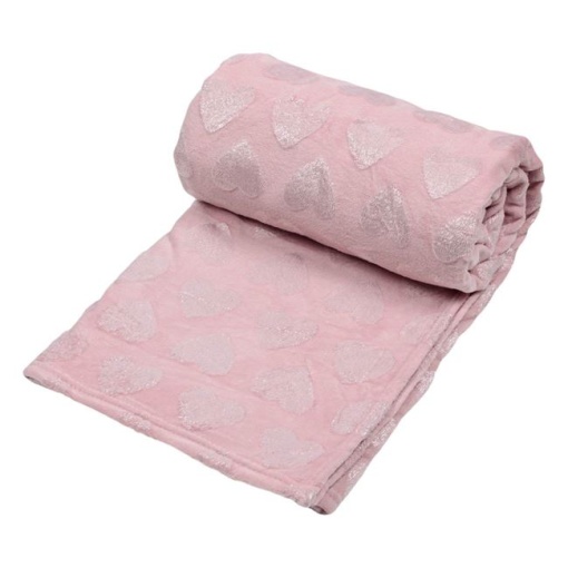 Patura catifelata la atingere, pentru o singura persoana, model reliefat cu inimioare si lurex auriu, 220x150 cm, roz