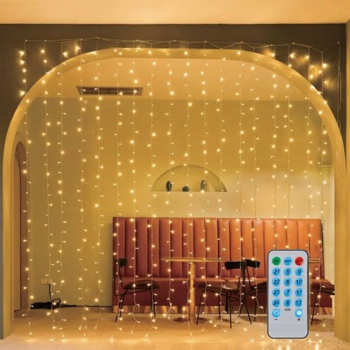 Perdea cu 200 de Becuri LED, Lumini Ritmice, Telecomanda, 2.13x1.89m, de Exterior si Interior, Lumina Calda