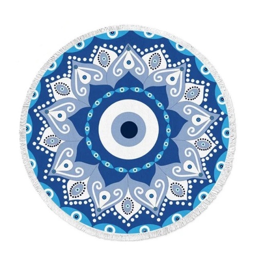 Prosop Rotund pentru Plaja, Model cu Ochi si Franjuri Albe, Diametru 150cm, Albastru