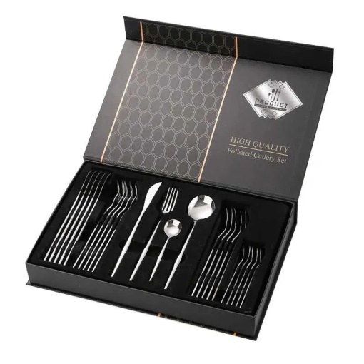 Set 24 tacamuri in stil portughez, din otel inoxidabil, persistenta indelungata, design ergonomic, Argintiu