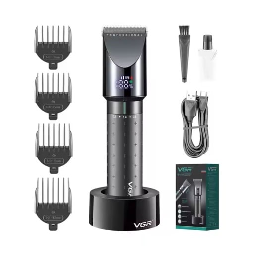 Set cu aparat de tuns fara fir, VGR V-698, 4 distantiere, afisaj LED, cu suport, incarcare USB, Negru