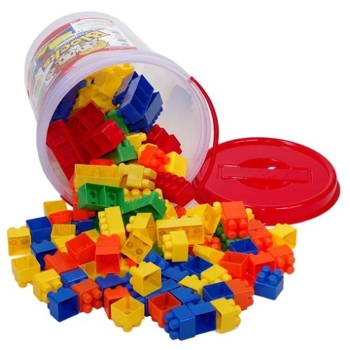 Set cuburi de construit pentru copii 3+ani, 144 piese incluse, Cutie de depozitare in forma de galeata, Dezvolta creativitatea, Plastic, Multicolor