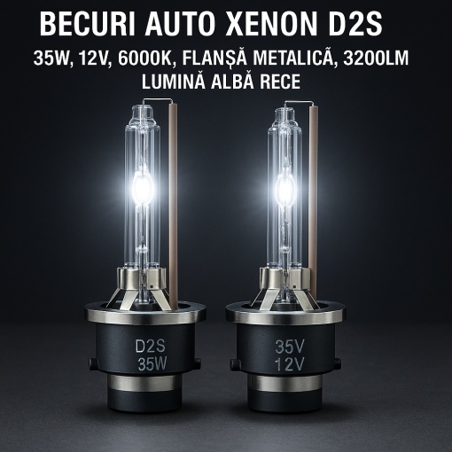 Becuri xenon D2S, Putere 35W, 12V, 6000K, Flansa metal, 3200LM, Lumina Alb Rece
