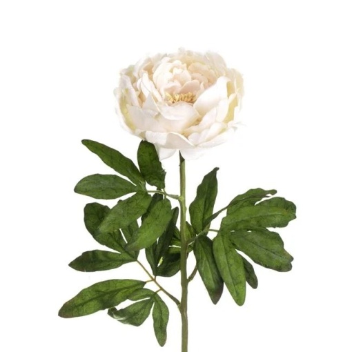 Bujor artificial cu tulpina lunga, frunze verzi, 70 cm, crem/verde