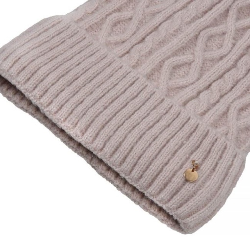 Caciula Dama impletita, cu blana si pompon, poliester, ecru