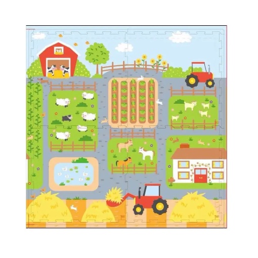 Covoras de joaca puzzle mare, tematica Ferma Animalelor, din spuma EVA, 4 piese de 60x60x1cm, multicolor