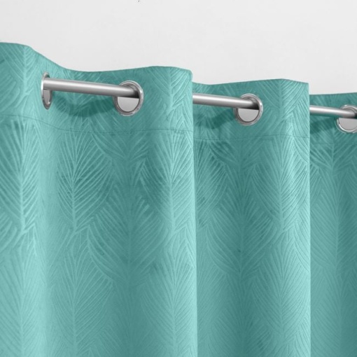 Draperie decorative catifelata, tip blackout - nu lasa lumina sa treaca, model cu reliefat cu frunze tropicale, cu inele, 140x260 cm, verde