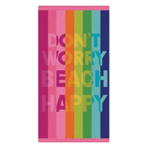 Prosop pentru Plaja, din Bumbac, cu Model Don't Worry Beach Happy 75x150cm, Dungi Multicolore