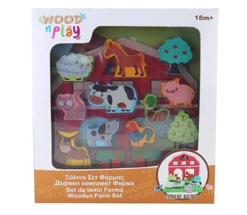 Set din Lemn cu Cărămizi de Construcție, Fermă si 15 Figurine de Animale, 18luni+