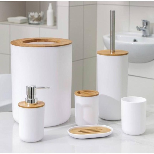 Set Elegant pentru baie format din 6 piese ABS + lemn culoare alb/maro