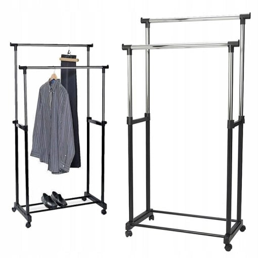 Suport dublu pentru umerase si haine tip stander, Cu roti si inaltime reglabila 94-160cm