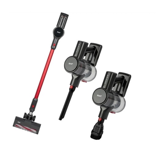 Aspirator fara fir si sac, RAF R8675, 120 W, vertical si de mana, cu 4 accesorii, filtru HEPA, Negru-rosu