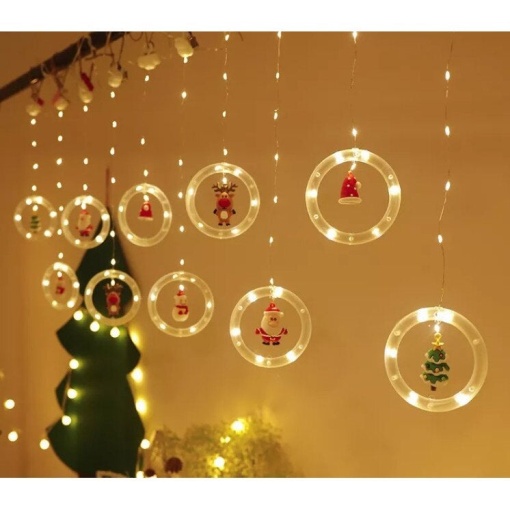 Instalatie de Craciun cu 10 Cercuri LED si Figurine, Interconectabile, 3m, Lumina Alba Calda