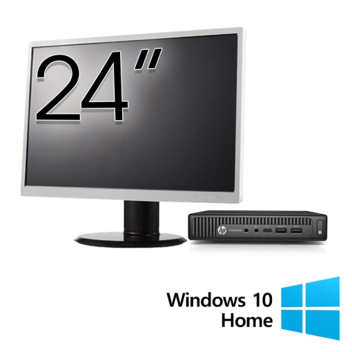 Pachet Calculator Refurbished HP EliteDesk 800 G2 Mini PC Intel Core i7-6700T 2.80 - 3.60GHz 8GB DDR4 256GB SSD + Monitor 24 Inch + Windows 10 Home