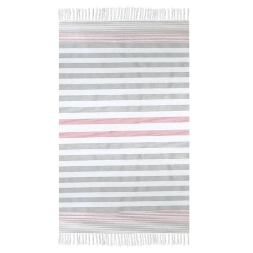 Prosop Hamam pentru Plaja, Model cu Franjuri, 180x90cm, Alb cu Dungi Maro si Roz