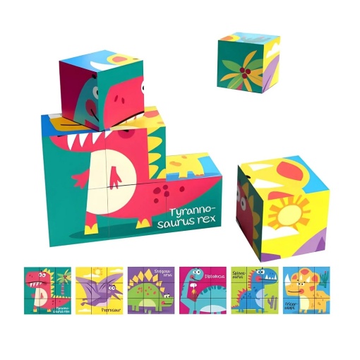 Puzzle Educativ 6 in 1, Dinozauri, cu 9 Piese, 18x18x6cm, Multicolor