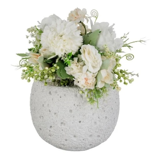 Ghiveci decorativ din ciment, cu floare artificiala, Ø15x22cm, alb/somon