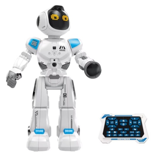 Robot inteligent pentru copii 5+ ani, cu telecomanda, programabil, 50 de miscari, sunete si lumini, 40 cm inaltime, alb
