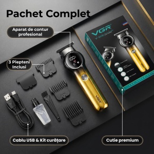 Aparat de contur Profesional VGR V-989, Lama Ceramica T-Blade, Display LED Digital, Autonomie 180 Minute, Auriu - Img 4