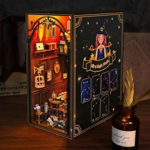 Casuta din lemn, in miniatura, de asamblat, DIY, cu mobilier, accesorii si lumini LED, 17.8x10.2x24.2 cm, multicolor - Img 3