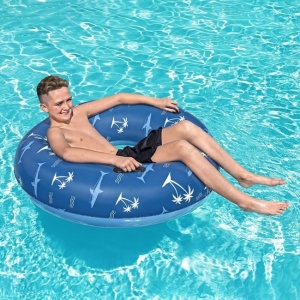Colac Gonflabil Colorat cu Model Palmieri si Rechini, Bestway, Ø119cm, Albastru - Img 1