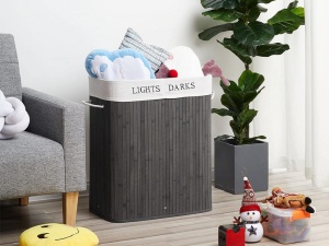 Cos din bambus 2 in 1, pentru haine sau jucarii, cu doua compatimente, pliabil, cu manere si capac - Img 4