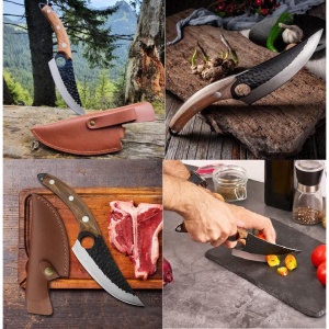 Cutit Japonez din Otel Inoxidabil, Forjat Manual, Husa Piele Ecologica, Maner Ergonomic din Lemn, Lama de 15cm, Maro - Img 7
