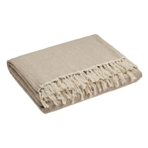 Cuvertura decorativa din bumbac pentru canapea de trei locuri, Model cu franjuri, Dimensiune 280x170 cm, Culoare bej
