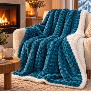 Cuvertura decorativa pentru iarna, cu doua fete, aspect de blanita de oaie cu model reliefat tip popcorn, 160x130 cm, verde - Img 2