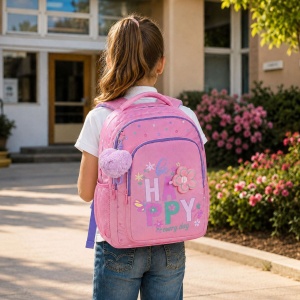 Ghiozdan Fete Scoala Primara Roz Puffy cu Floare, Breloc Inima cu Pompon, Compartiment Laptop, Spate Ergonomic, 23L, 30x17x41 cm - Img 2