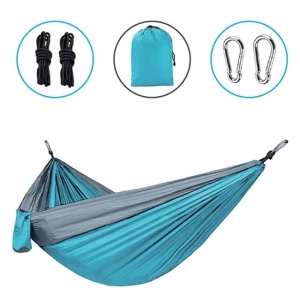 Hamac camping cu corzi si carabiniere - Dimensiune 260x140cm - Albastru-Gri