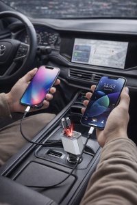 Incarcator auto FastCharge 66W, 4 in 1, Cablu retractabil 80cm, Compatibil Iphone si Android - Img 4