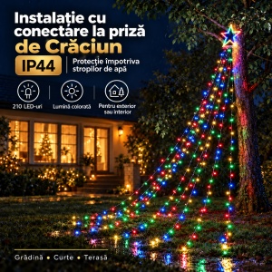 Instalație de Crăciun tip brad cu stea, 210 LED-uri, Lungime 2,5 m, Lumină caldă, rece sau multicoloră - Img 10