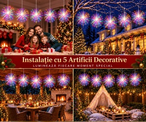 Instalatie LED cu 5 Artificii Decorative, Lungime 5m, 600 LED, 8 Moduri de Iluminare, Interior/Exterior, IP44, Alb Cald/Alb Rece/Multicolor - Img 9