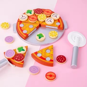 Joc de rol, cu pizza de feliat, accesorii din lemn, tava, cutit si furculita, diametru 20 cm, multicolor - Img 1