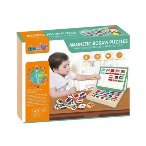 Joc educativ puzzle magnetic cu steagurile tarilor, cu tabla din lemn si market pentru desenat, 27x20x4.4cm, maro-verde - Img 5