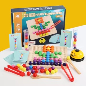 Joc mozaic cu bile, pentru dezvoltarea motricitatii, 3 in 1, pentru copii 3 ani+, din lemn, 29x21 cm, multicolor - Img 6