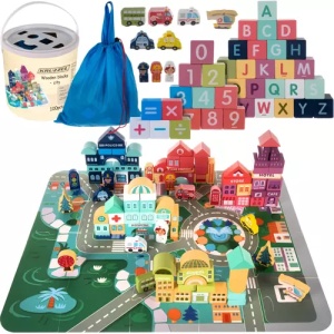 Joc tip puzzle cu oras si blocuri de lemn, 100 piese, multicolor - Img 3